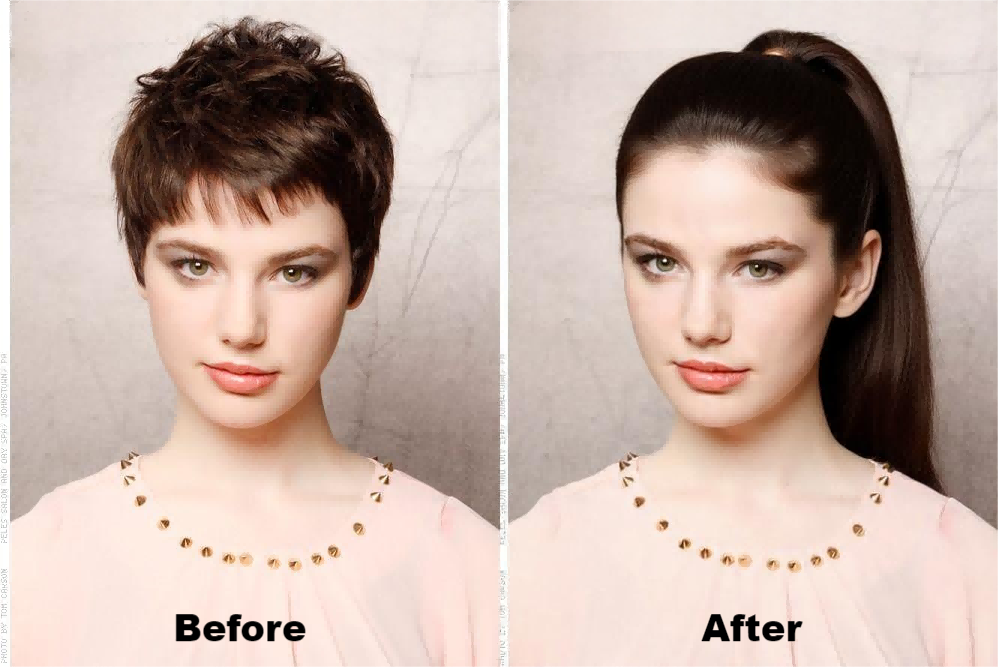 Change her hairstyle to a ponytail, but keep her pose, face, and lighting the same.